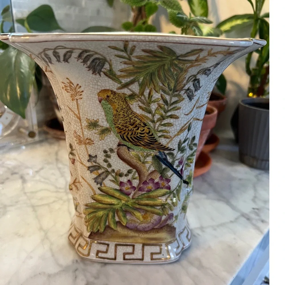 Wong Lee Crackle Glaze Parrot Vase Floral Chinoiserie Cache Pot 8.5 Rare Find